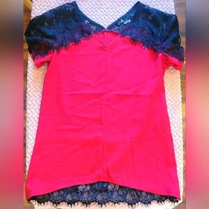 EUC Women's C. Luce Vibrant Red Blouse With Black Lace Trim